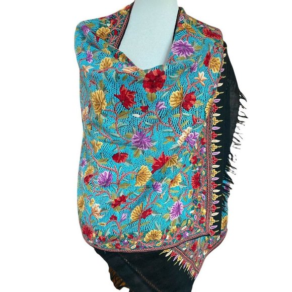 Kashmir Shawl Hand Embroidered Cashmere Hook Work Turquoise Indian Stole - Picture 3 of 12